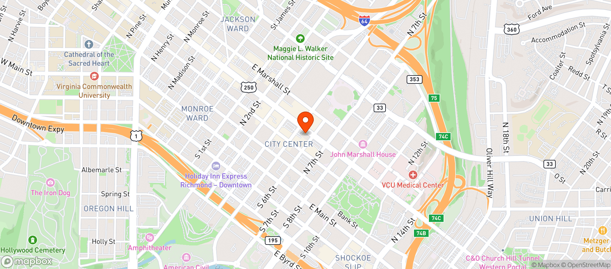 Map showing Hilton Richmond Downtown