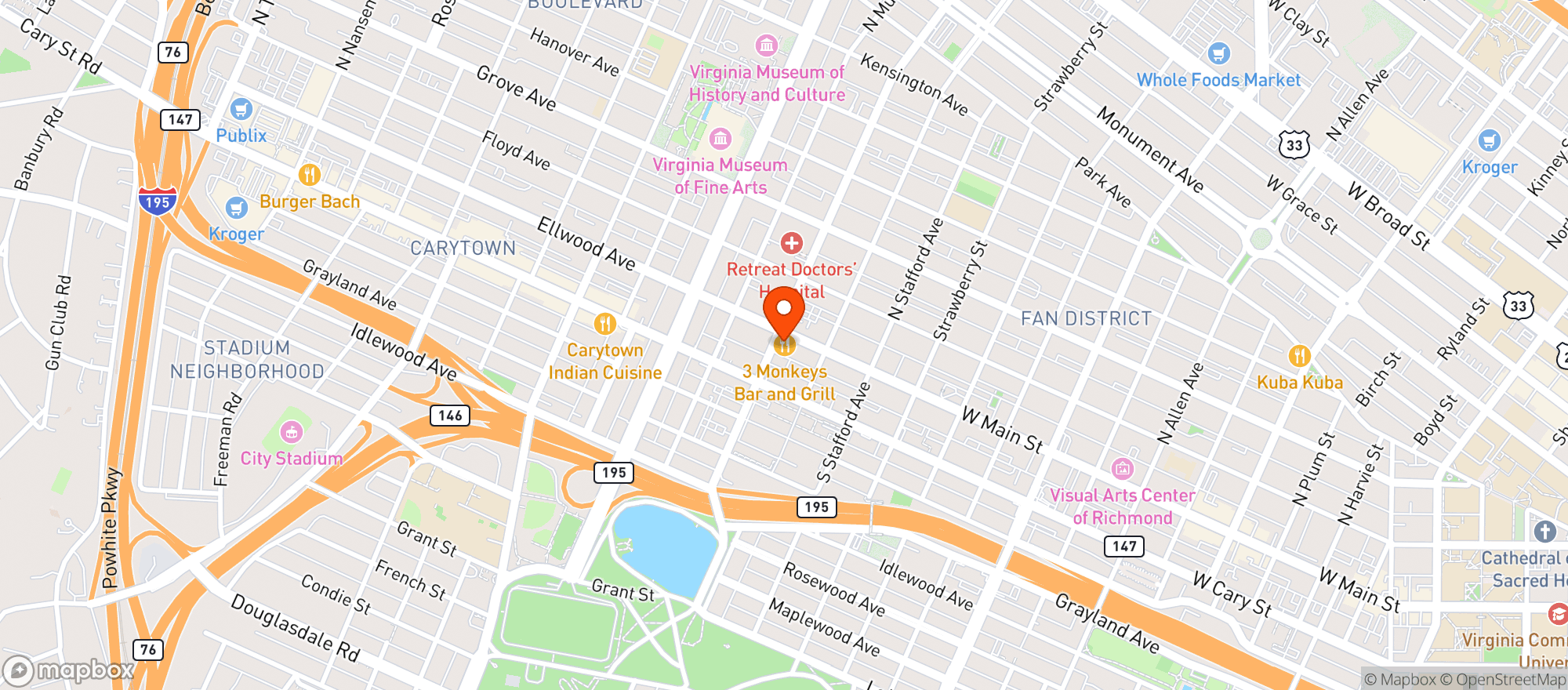 Map showing 3 Monkeys Bar & Grill