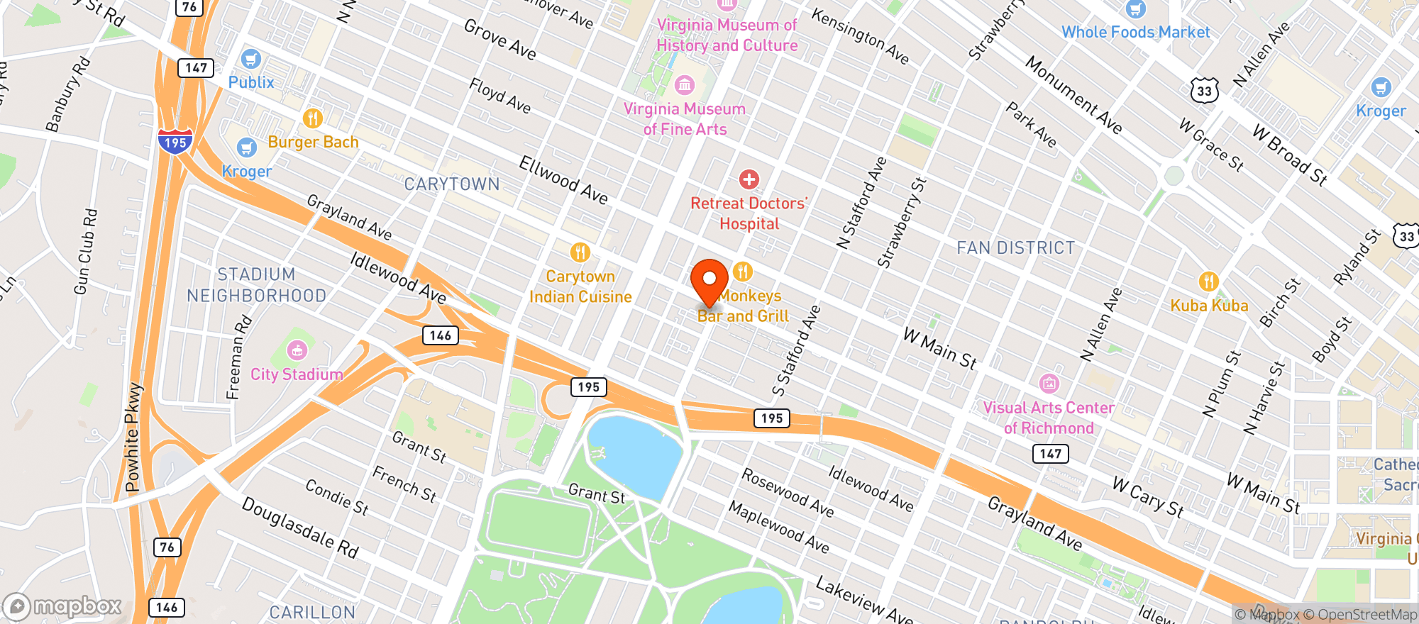 Map showing West Cary Sports Bar
