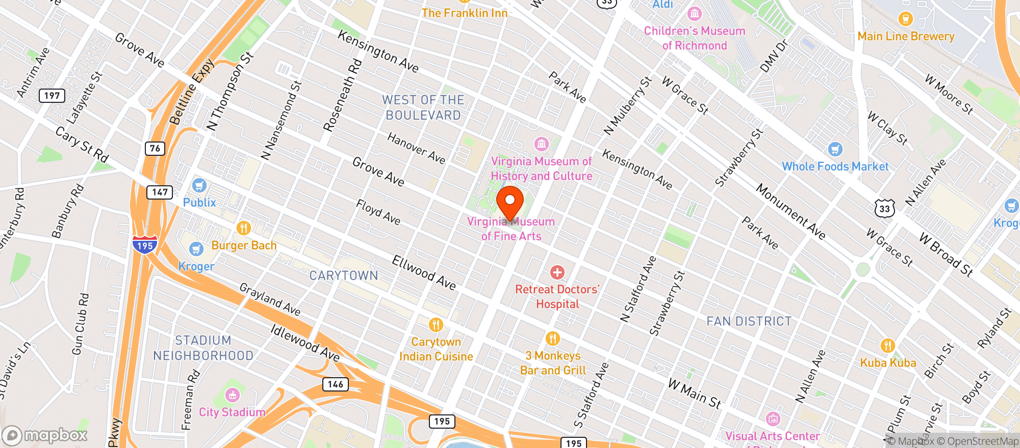 Map showing Virginia Museum Members Restaurant