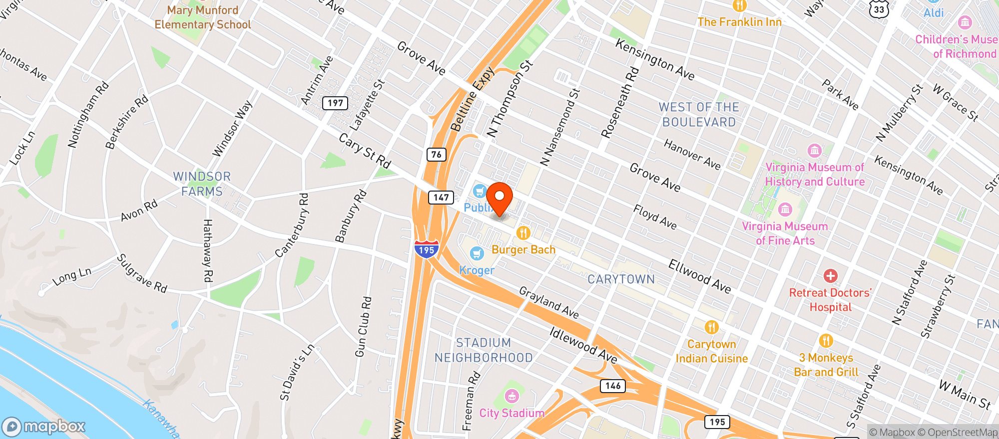 Map showing Burtons Grill