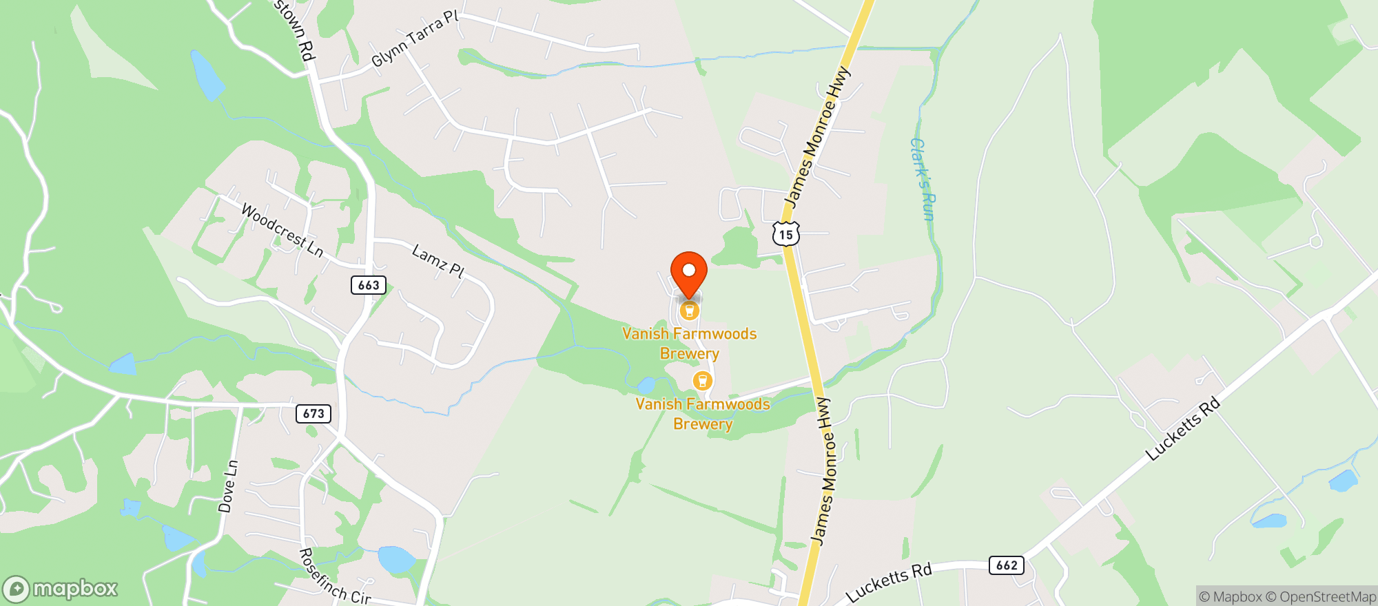 Map showing Vanish Farmwoods Brewery