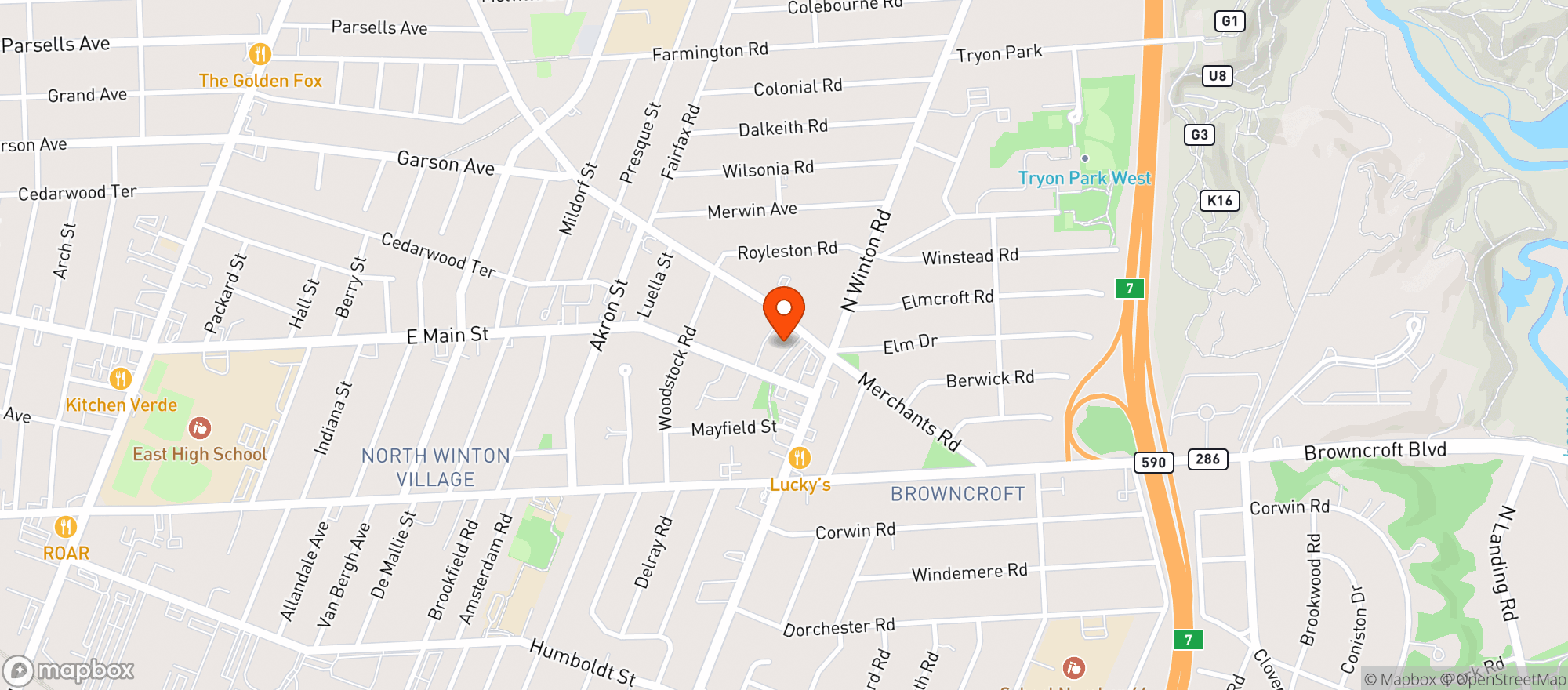 Map showing 7-eleven Roch/e.main