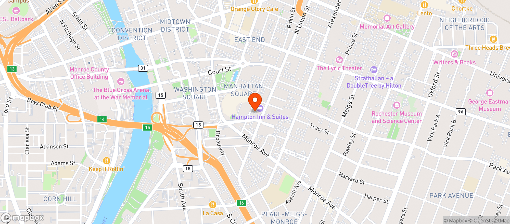 Map showing Hampton Inn & Suites Rochester Downtown