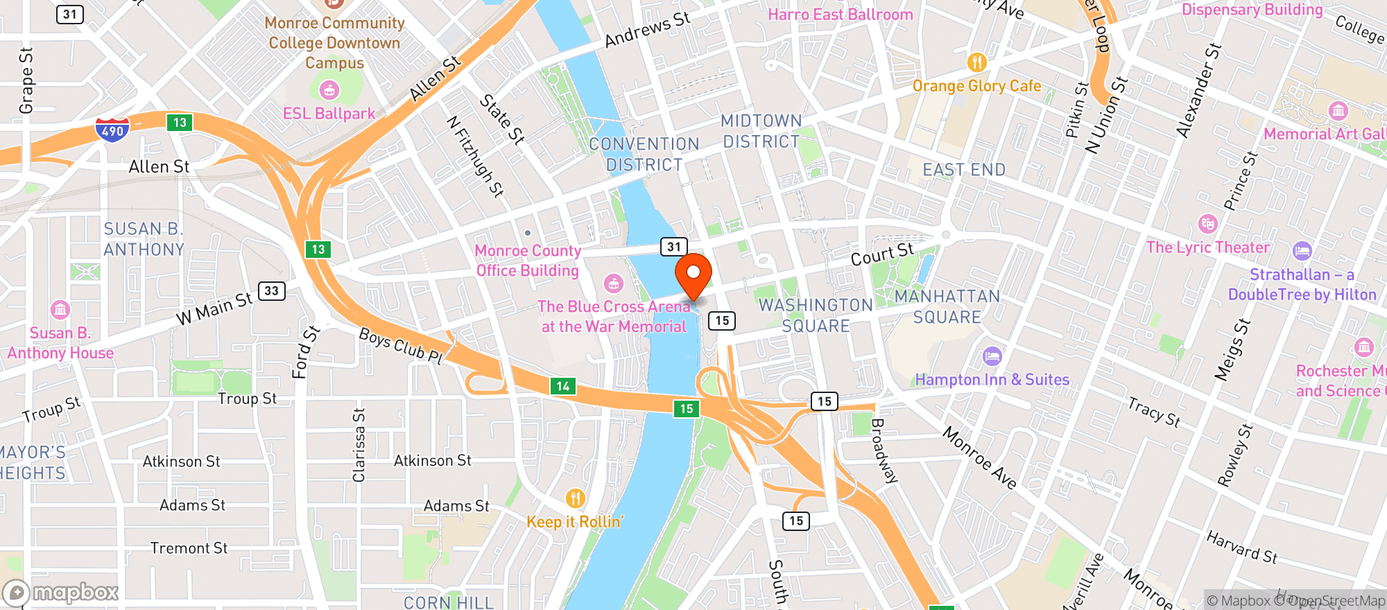 Map showing Dinosaur Bar-b-que - Rochester
