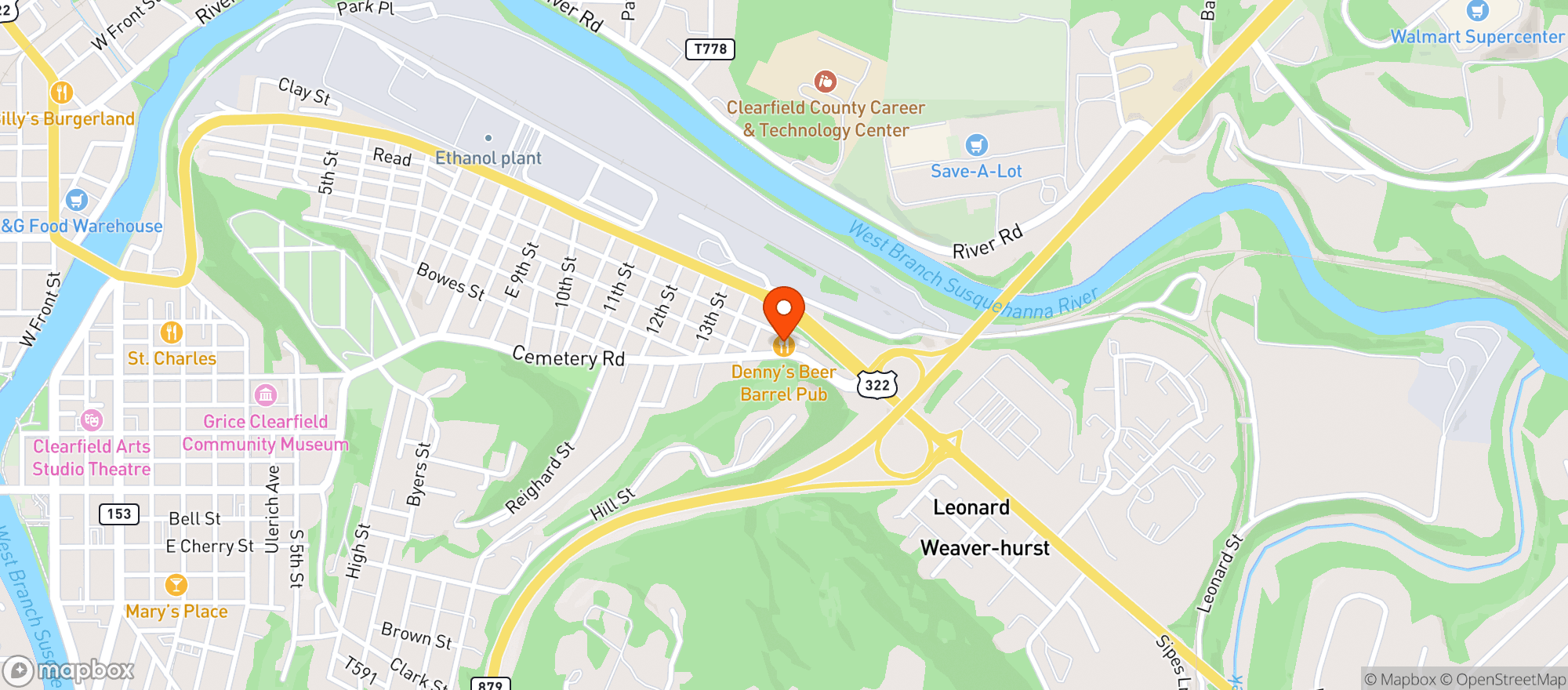 Map showing Dennys Beer Barrel Pub