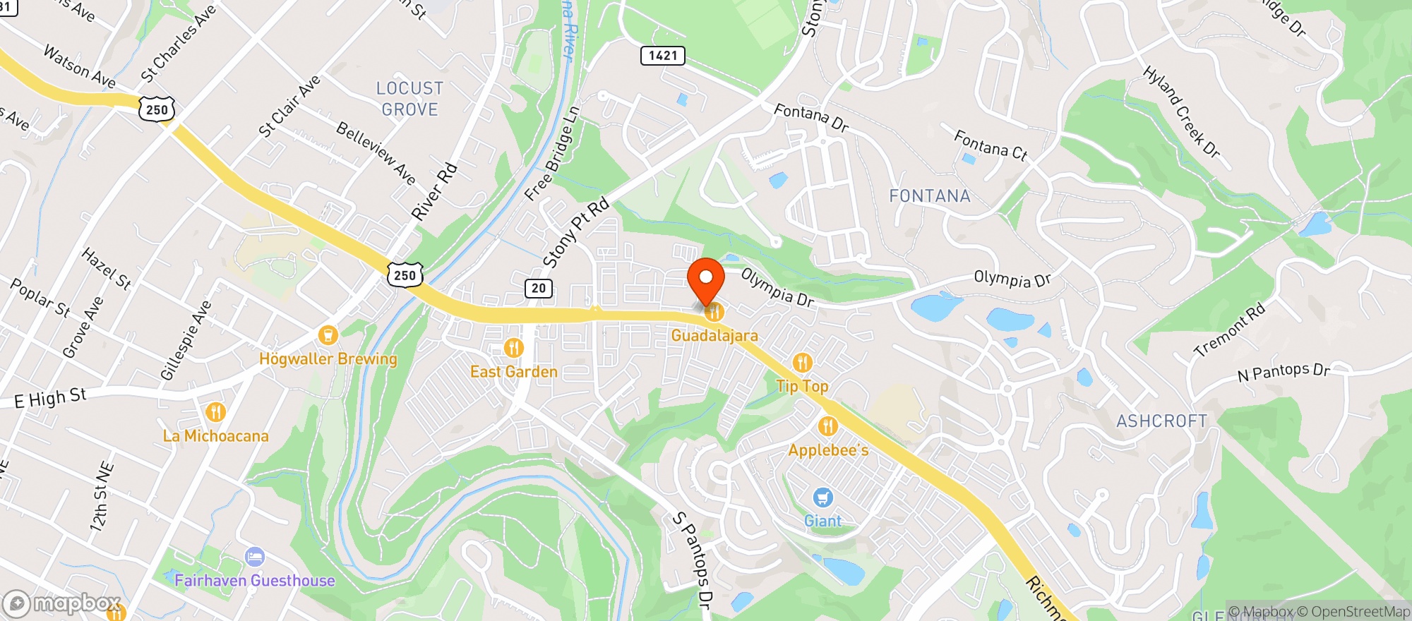 Map showing Guadalajara Mexican Restaurant