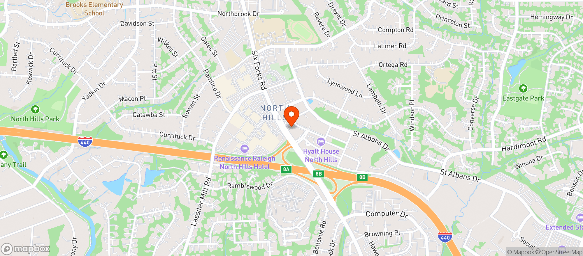 Map showing Yard House Raleigh - North Hills
