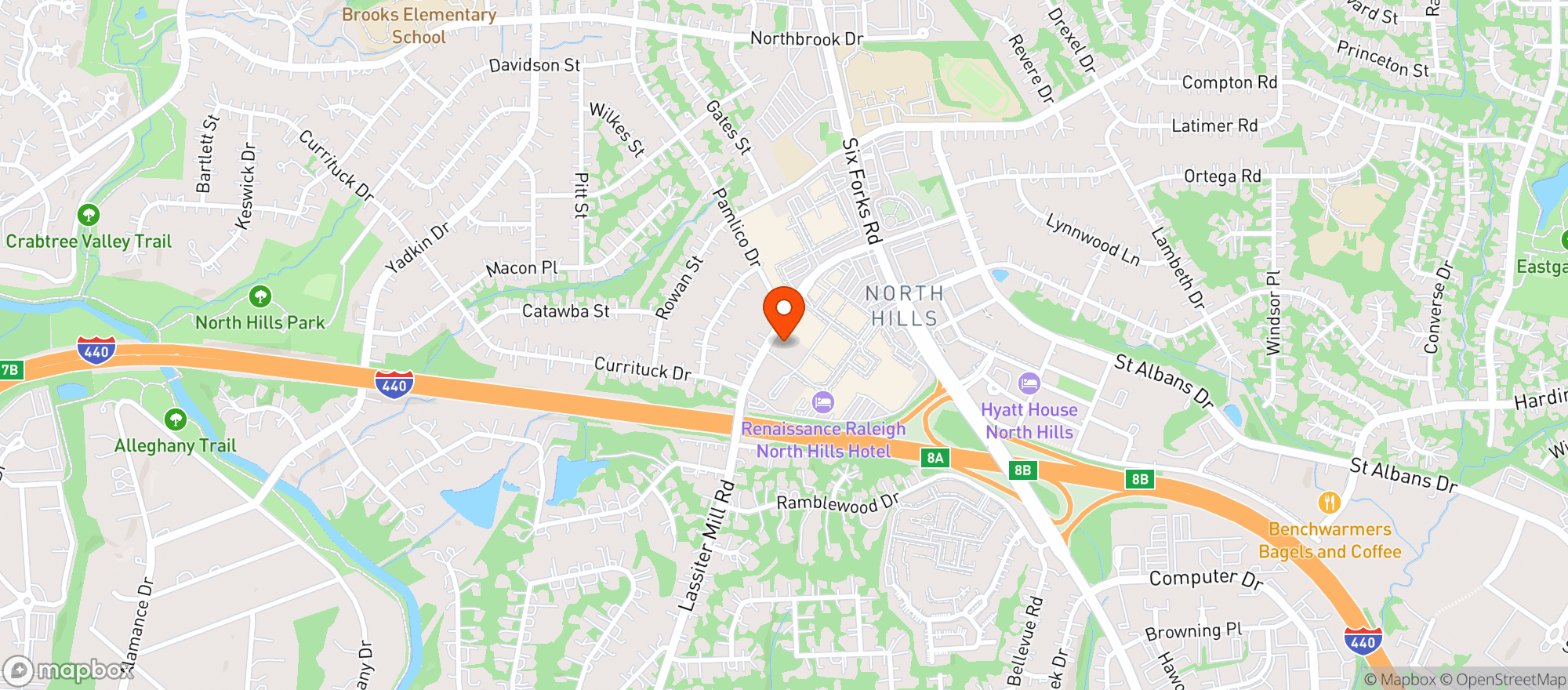 Map showing The RH Rooftop Restaurant at RH Raleigh