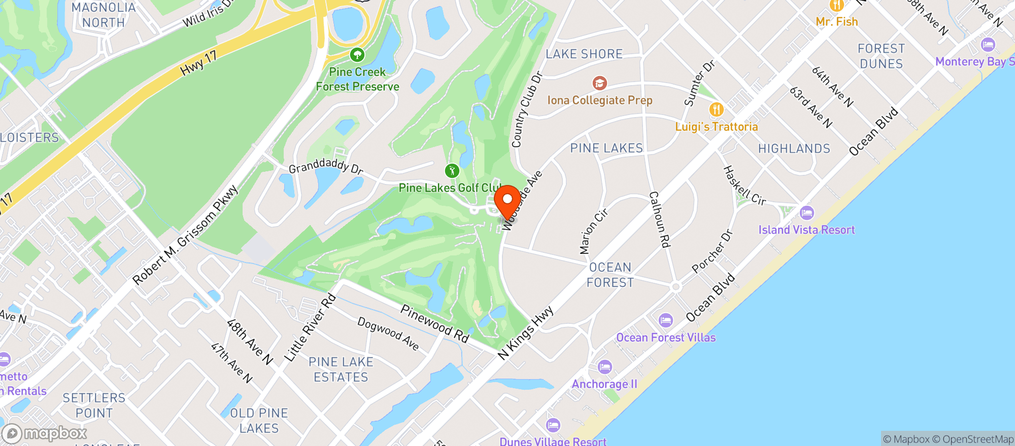 Map showing Pine Lakes Country Club