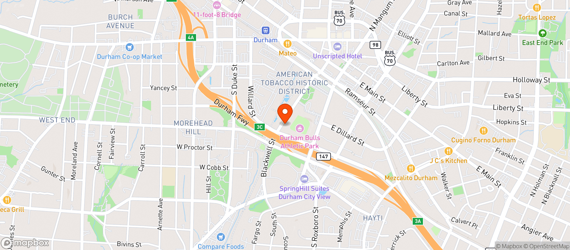 Map showing Durham Bulls Ahletic Park