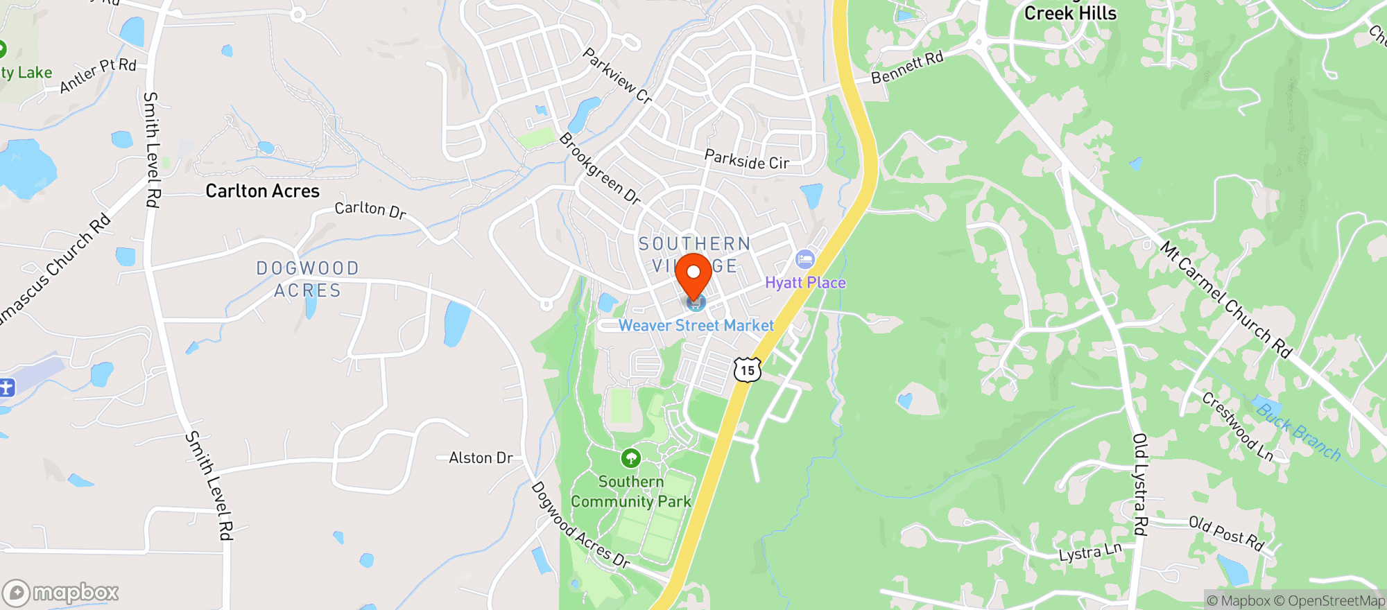 Map showing Weaver Street Market - Southern Village