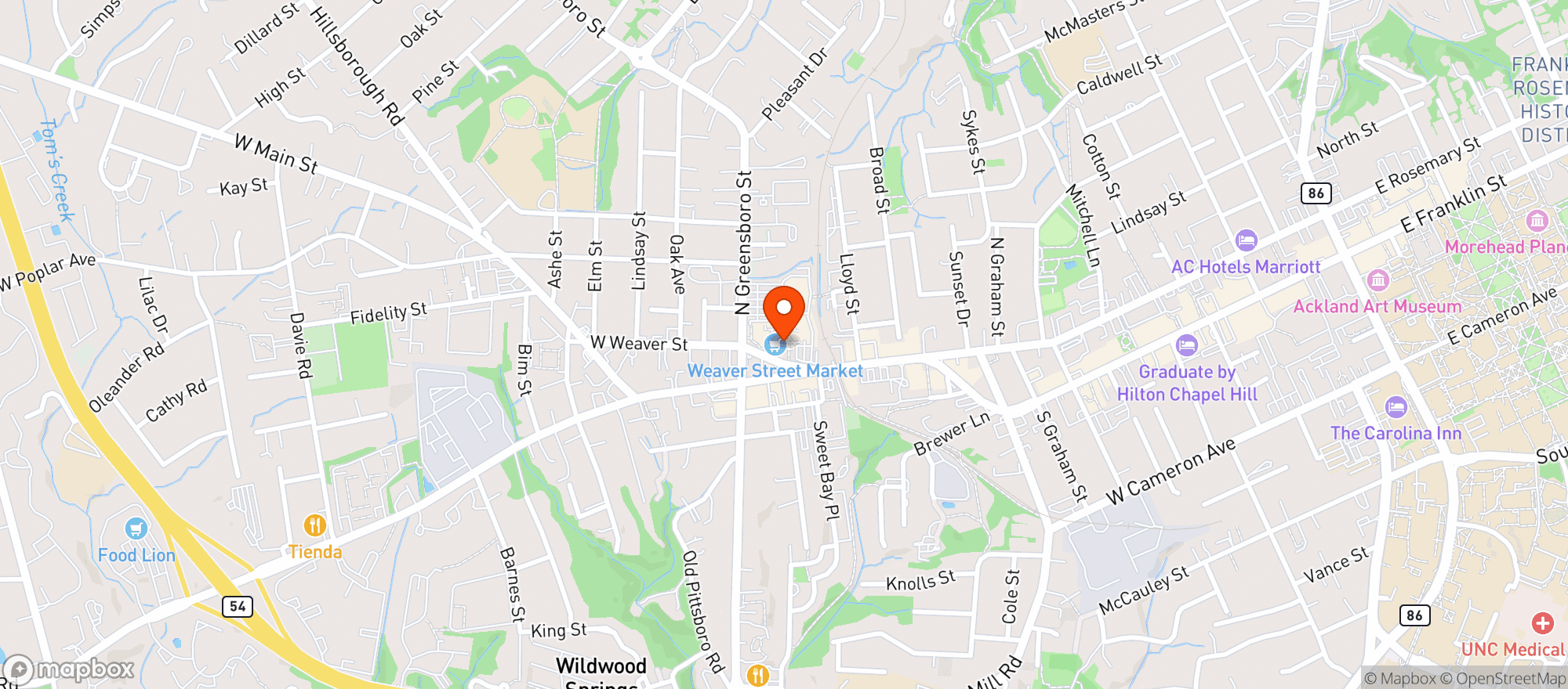Map showing Weaver Street Market - Carborro