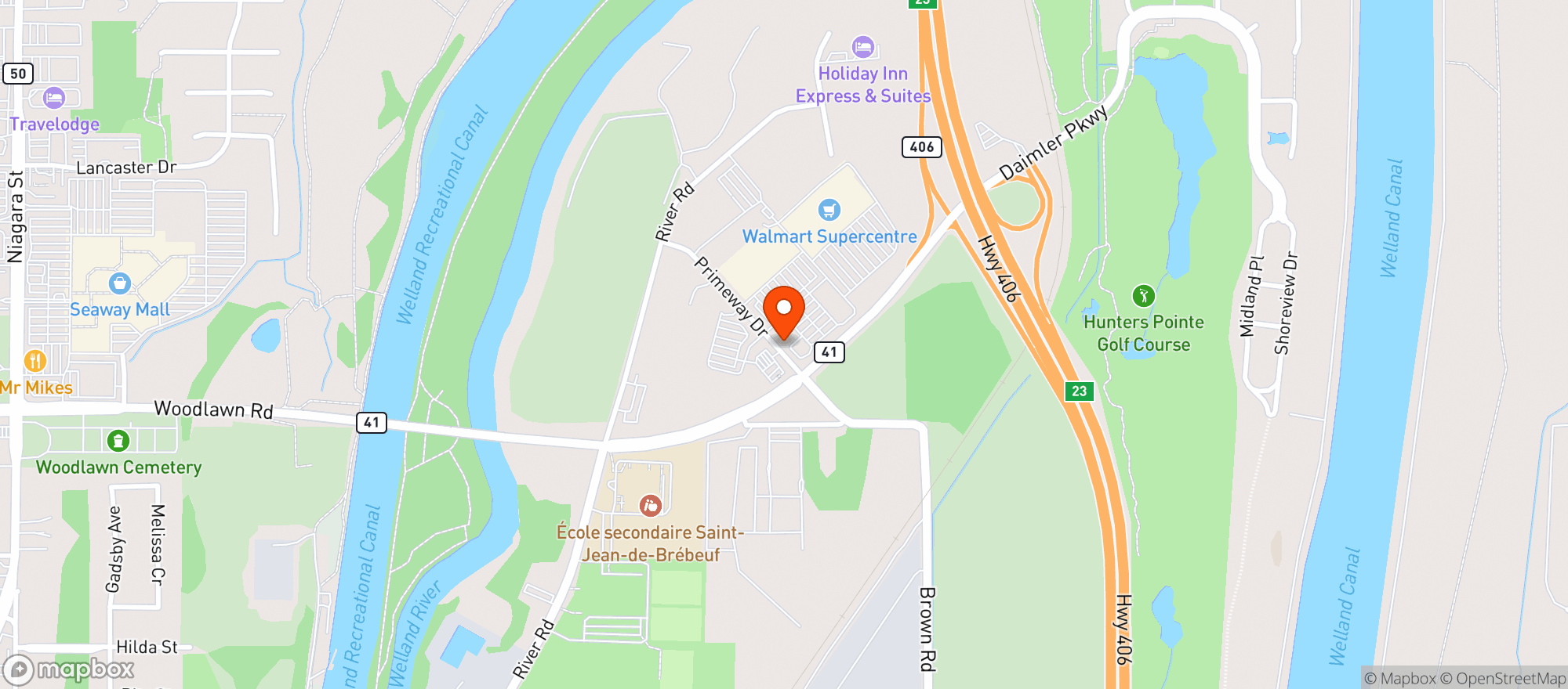Map showing Walmart Welland, Ontario
