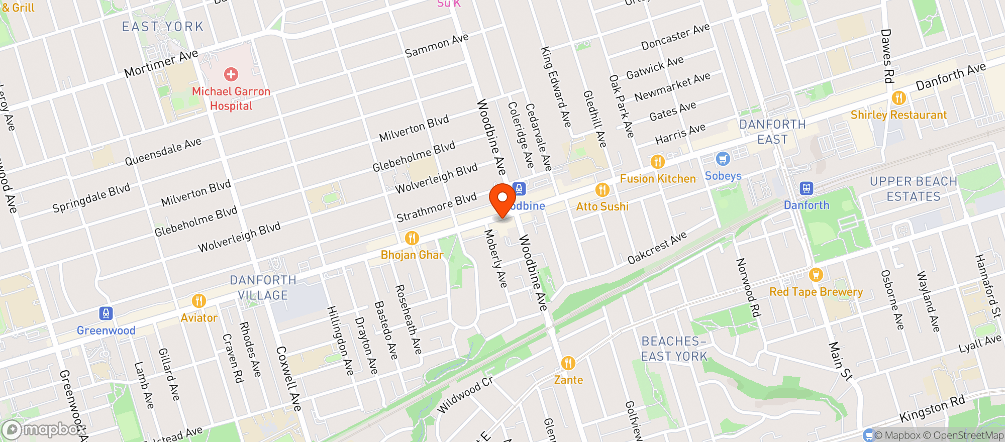 Map showing Søbr Market Toronto - Danforth