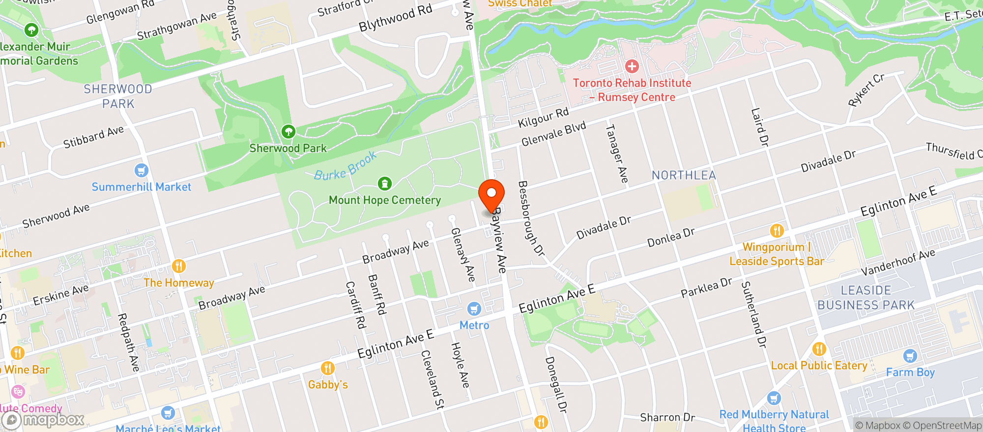 Map showing Whole Foods - Leaside