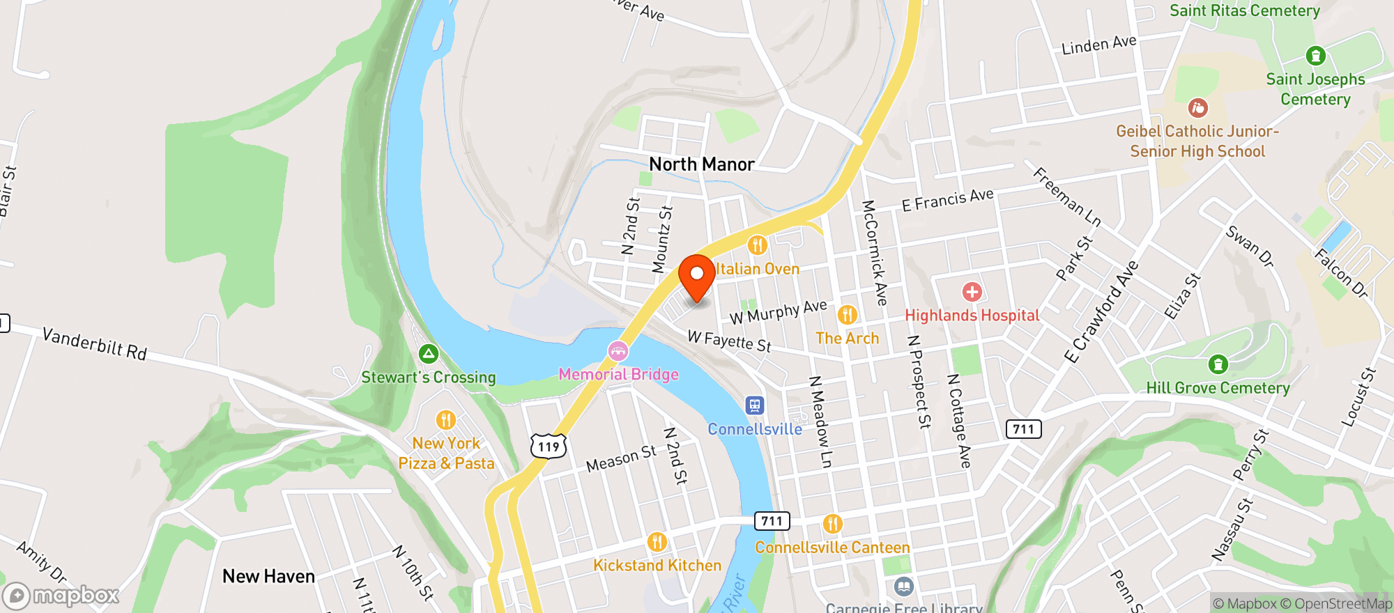 Map showing Connellsville Beer Warehouse