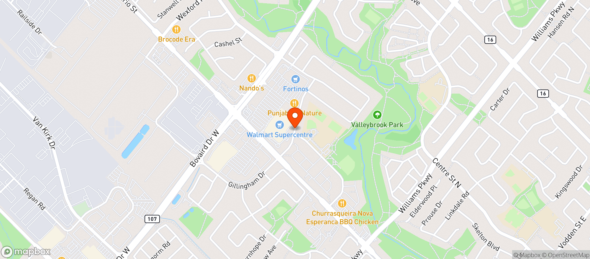 Map showing Walmart N. Brampton, On