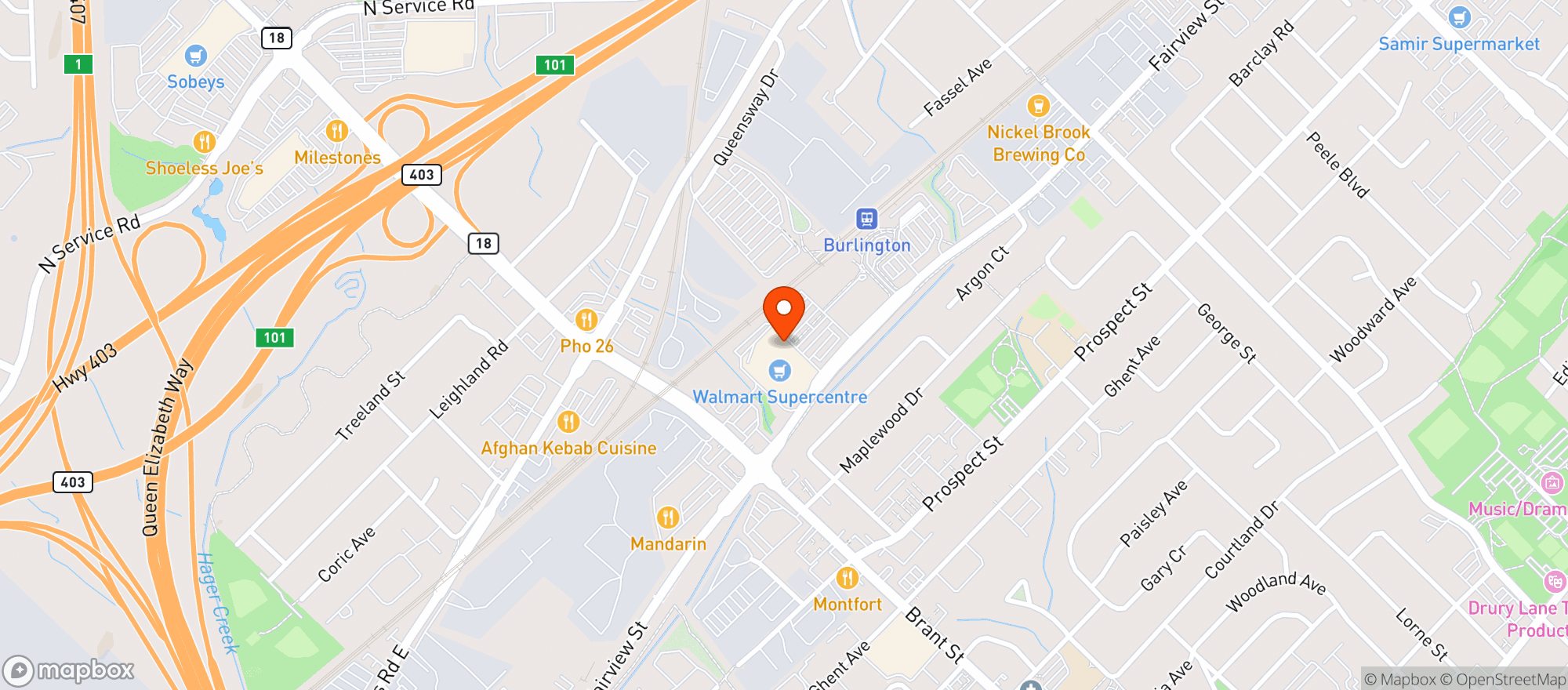 Map showing Walmart Supercentre Burlington, S, On