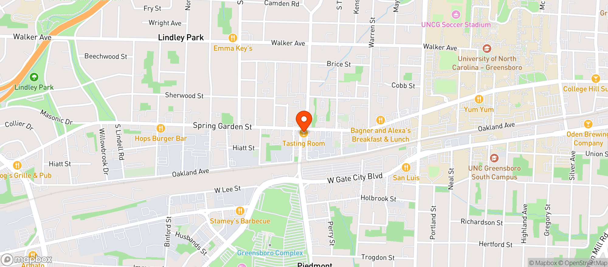 Map showing The Tasting Room - Greensboro