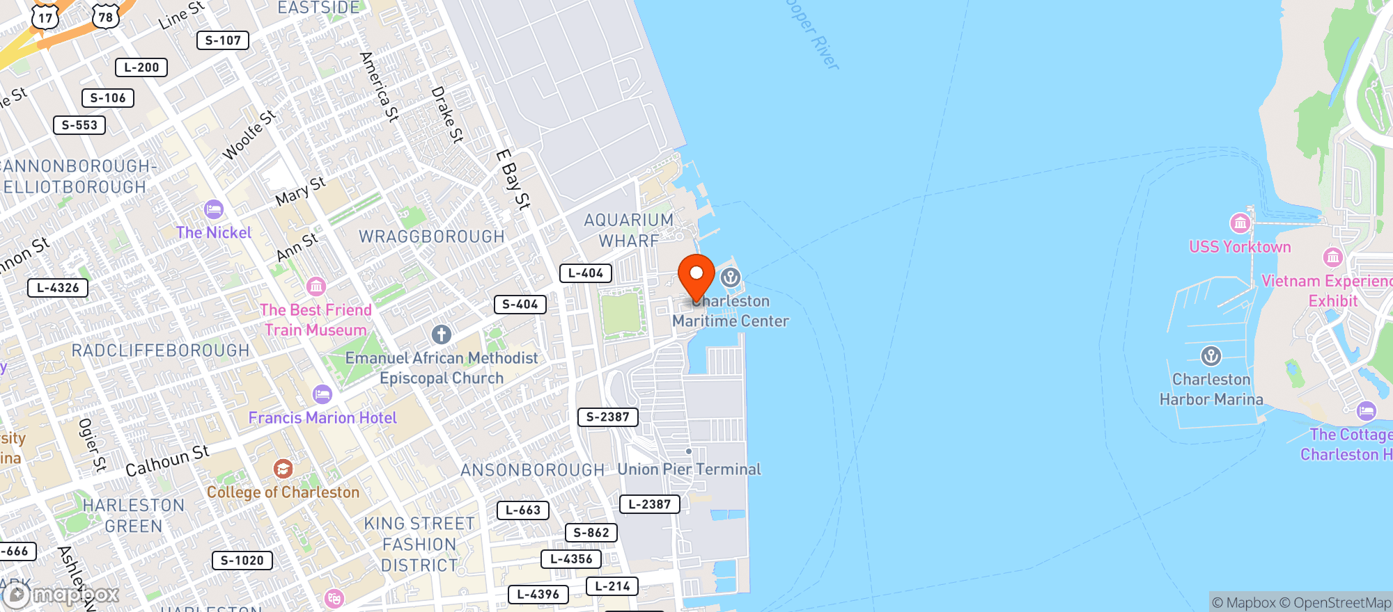 Map showing Charleston Harbor Tours