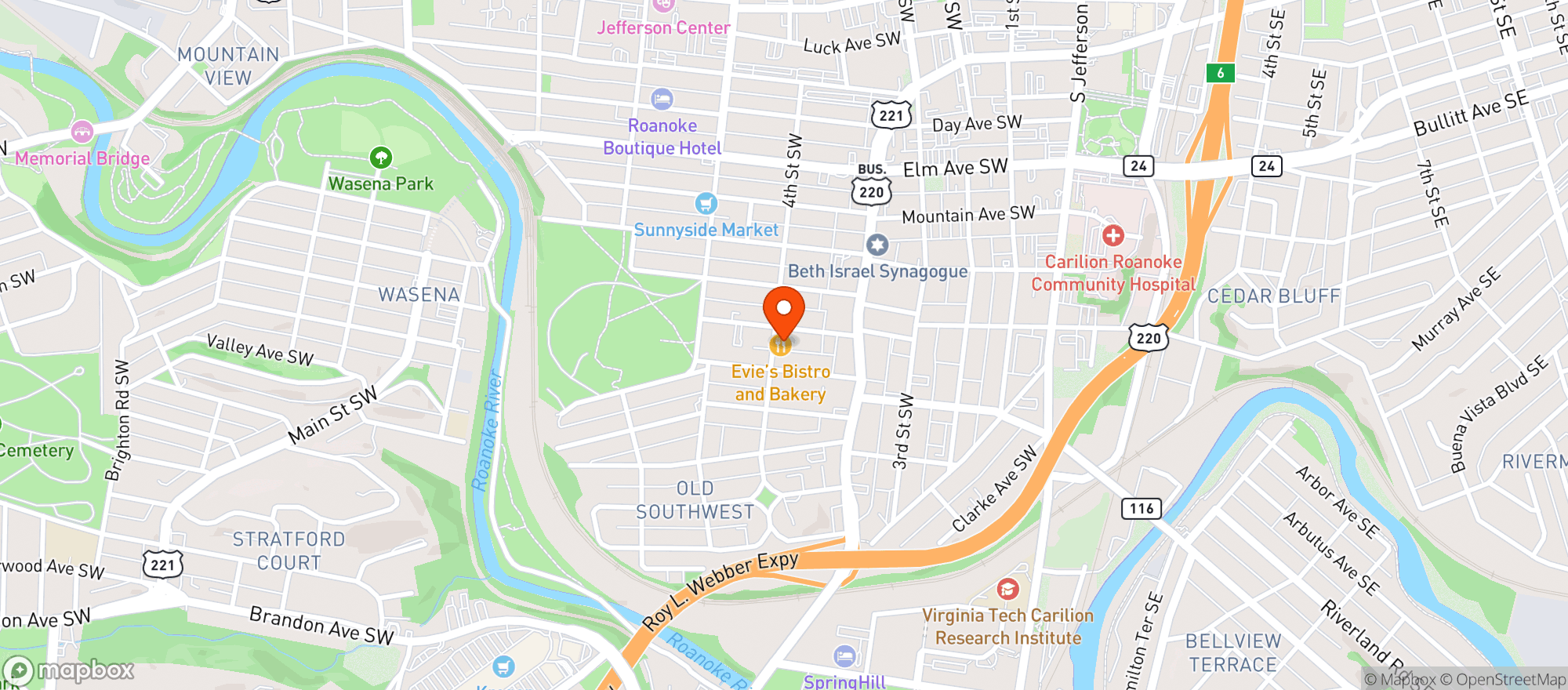 Map showing Evie S Bistro & Bakery