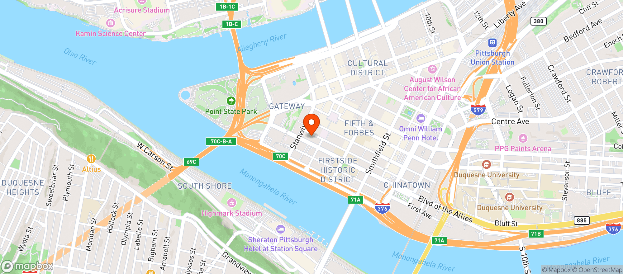 Map showing PPG Place Parking Garage