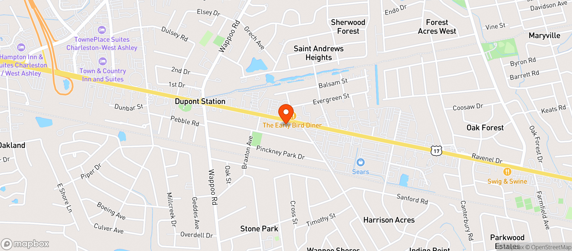Map showing Moe Smoke - West Ashley (chs)
