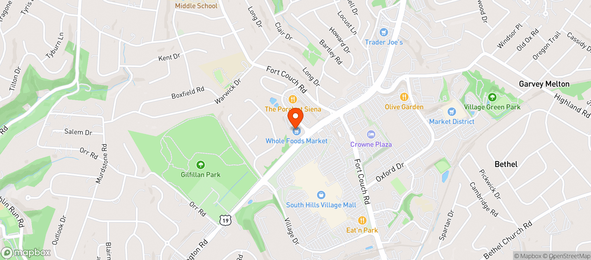 Map showing Whole Foods - South Hills