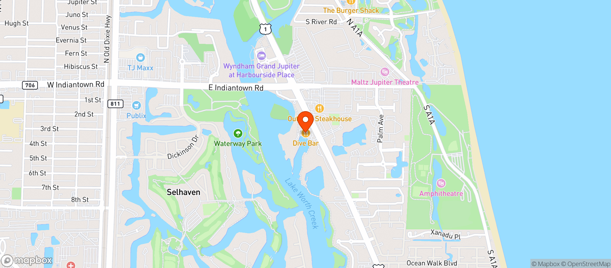 Map showing Dive Bar Restaurant