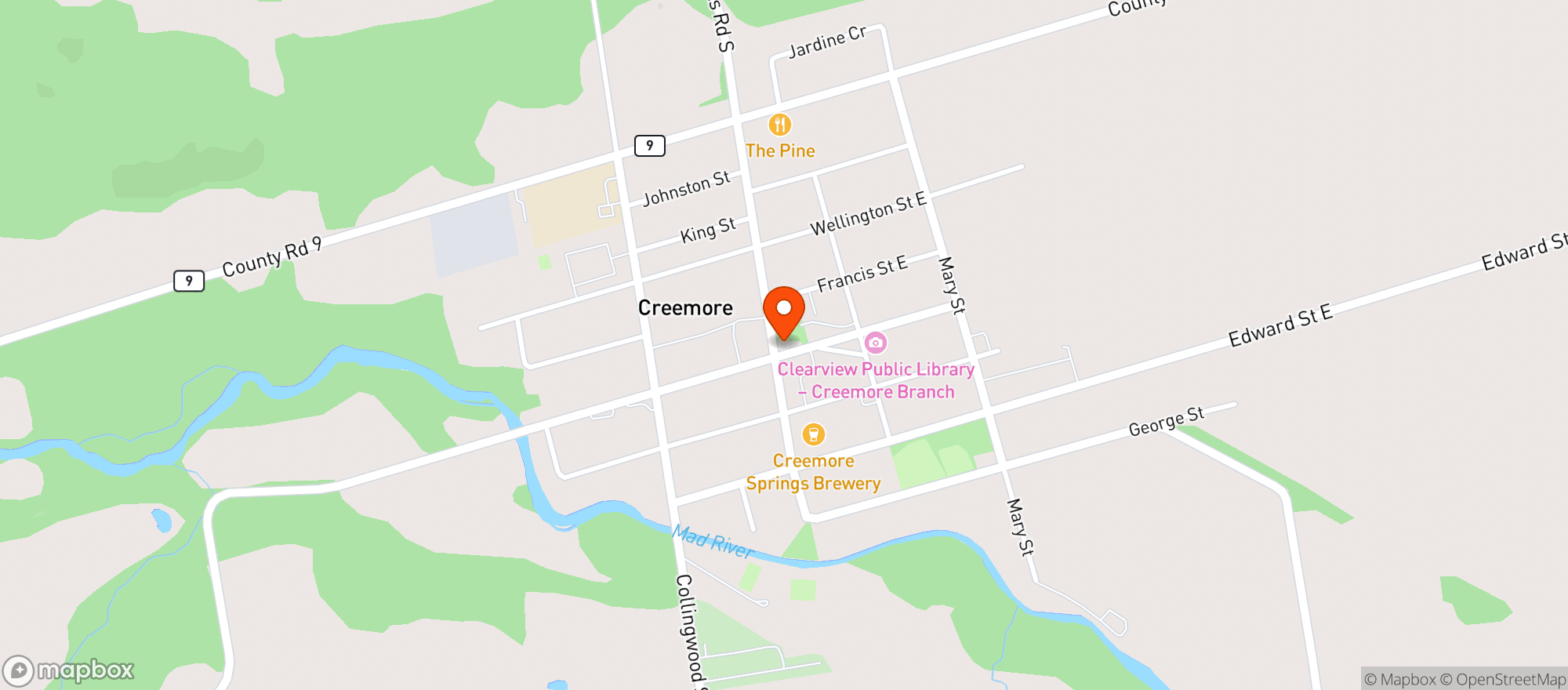 Map showing Creemore 100 Mile Store