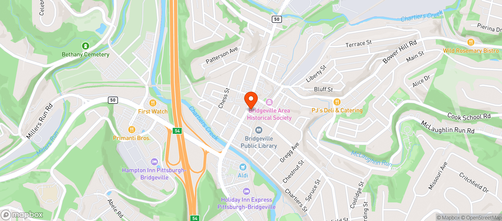 Map showing Burghs Pizza & Wing Pub
