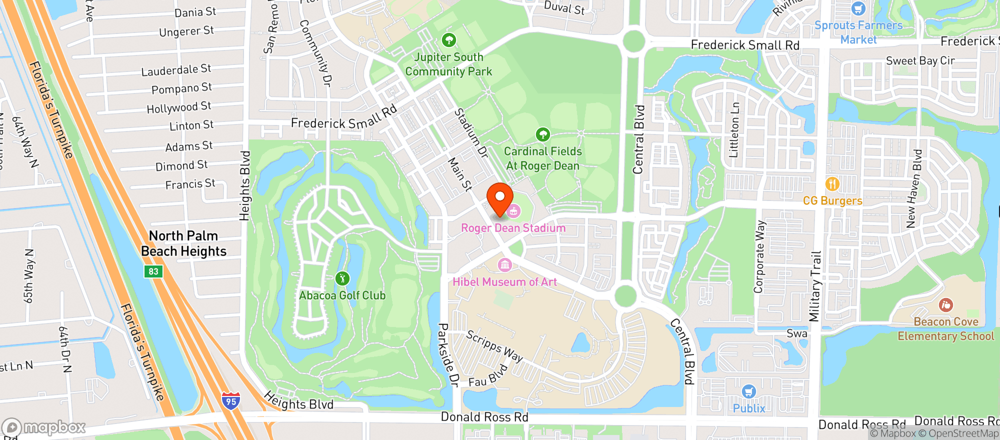 Map showing Roger Dean Chevrolet Stadium