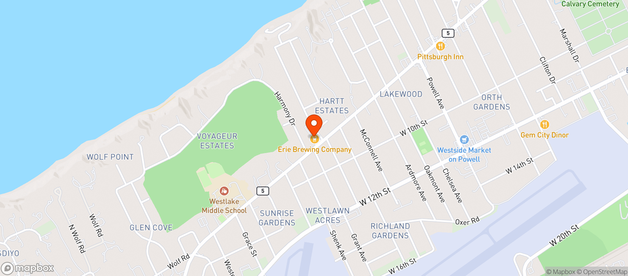 Map showing Erie Brewing Co. Westside