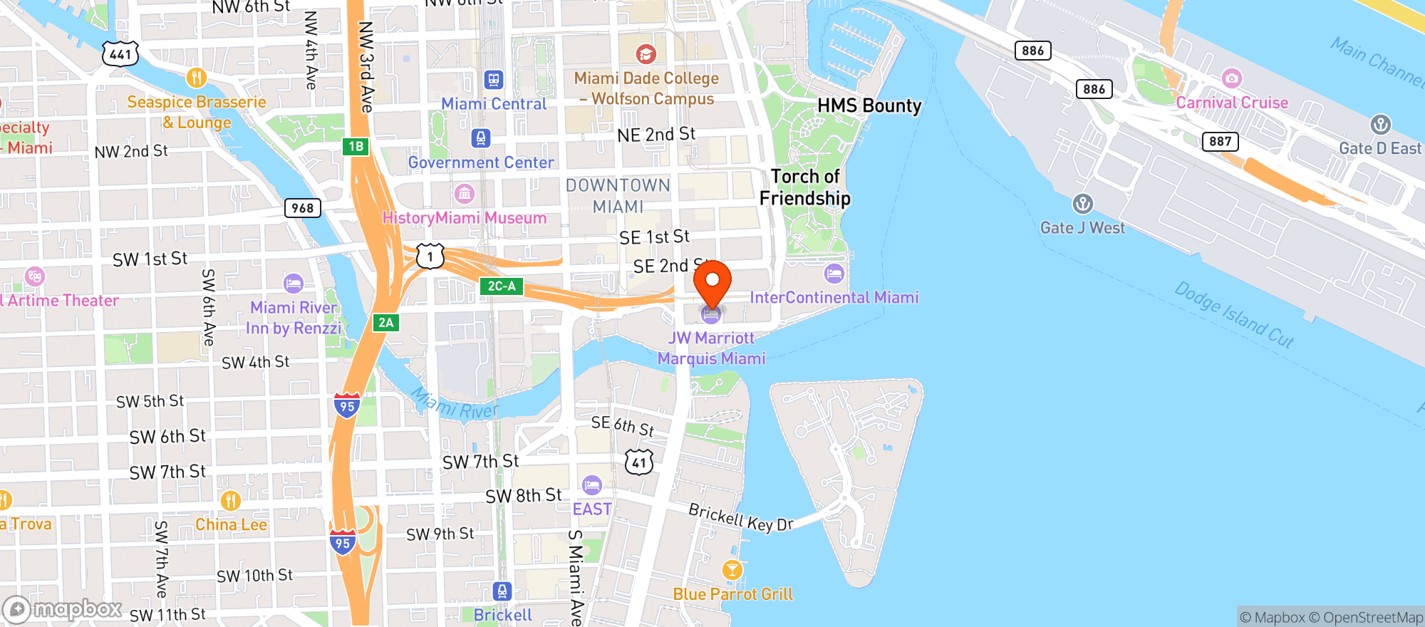 Map showing Jw Marriott Marquis Miami