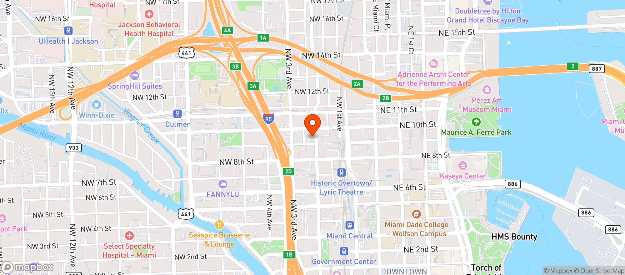 Map showing Red Rooster Overtown