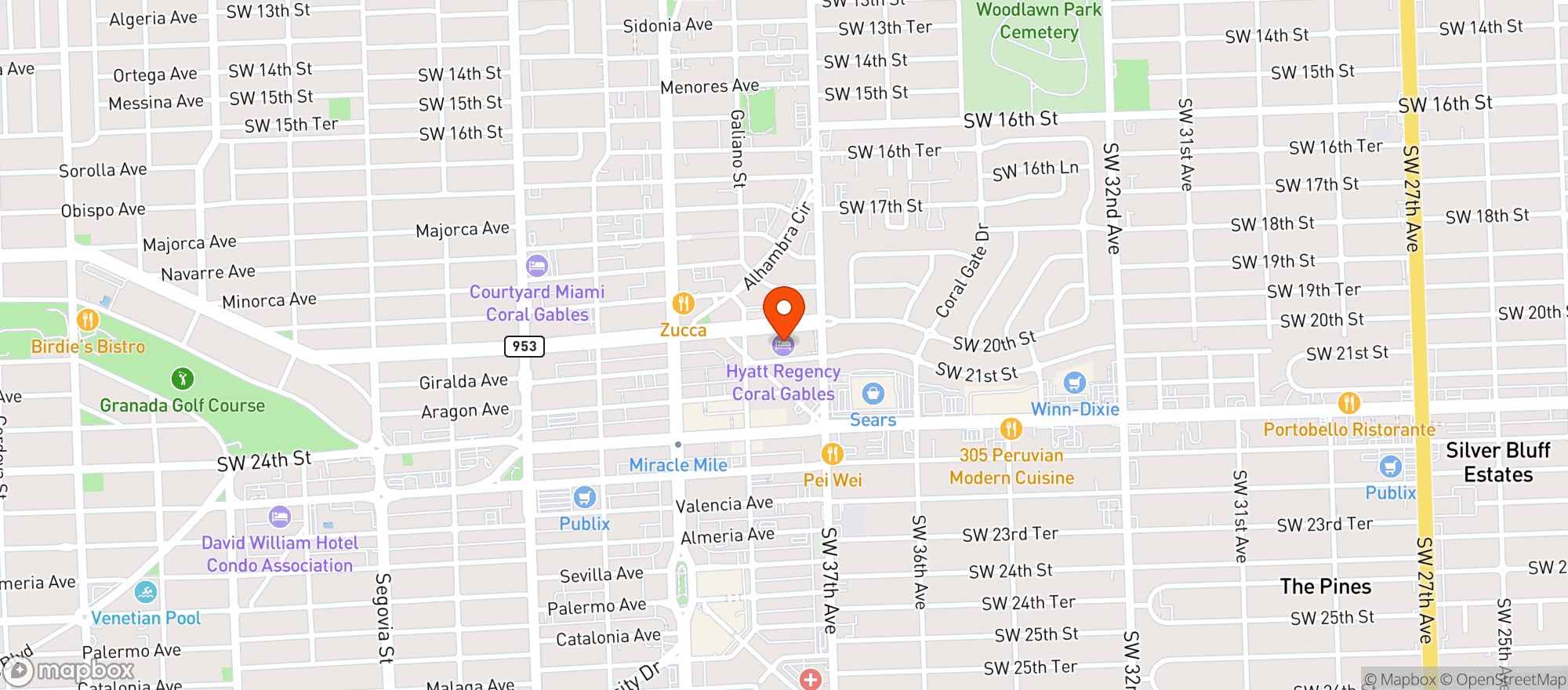 Map showing Hyatt Regency Coral Gables