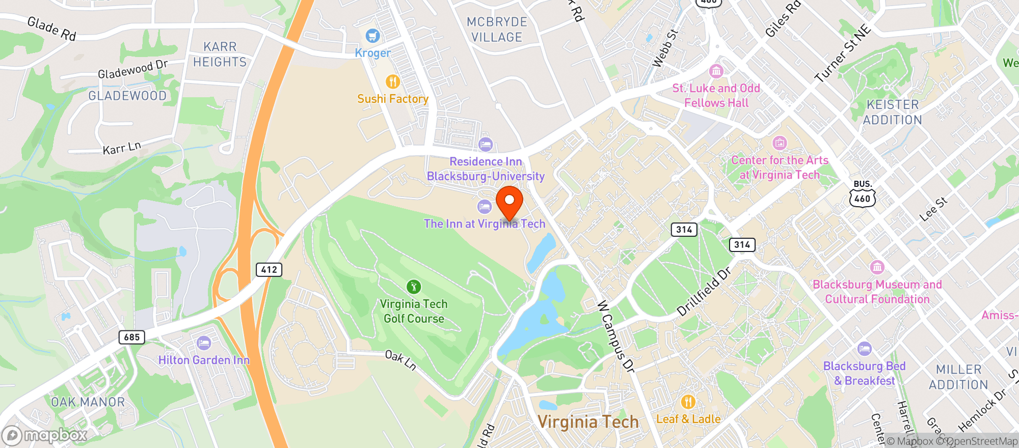 Map showing The Inn At Virginia Tech