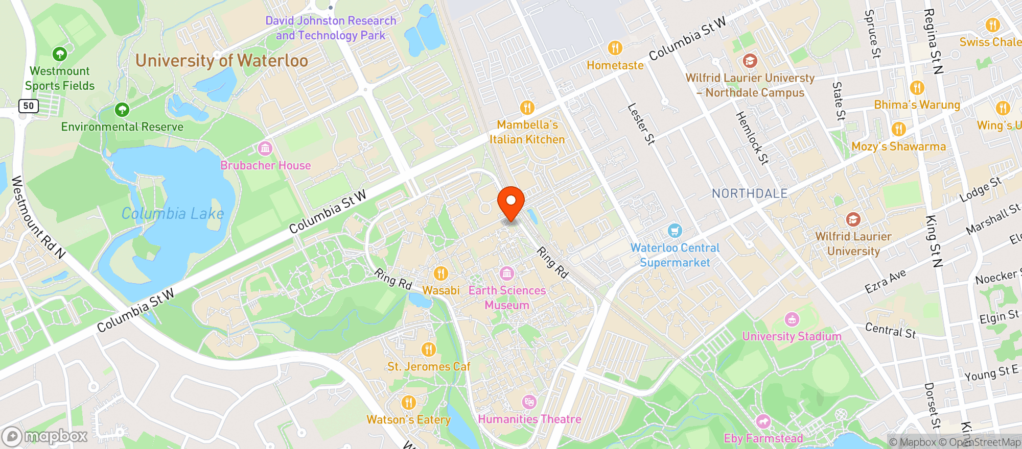 Map showing University Of Waterloo Go Bus Stop