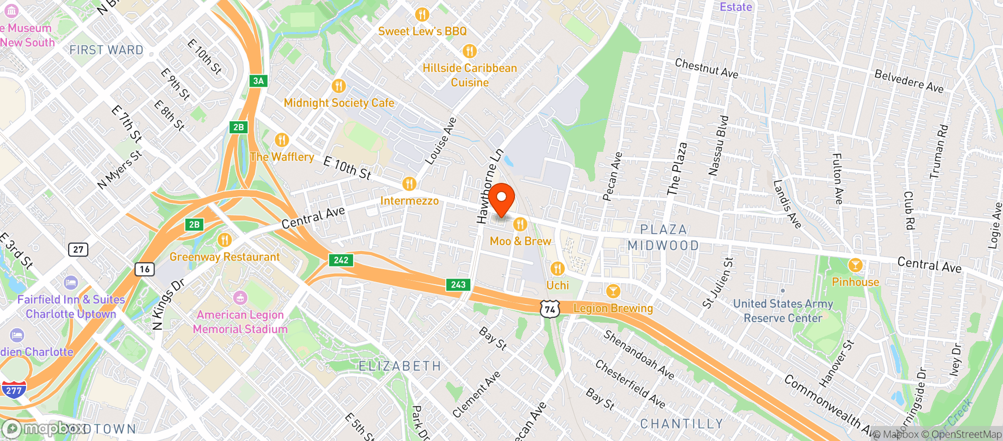 Map showing Kilted Buffalo - Plaza Midwood