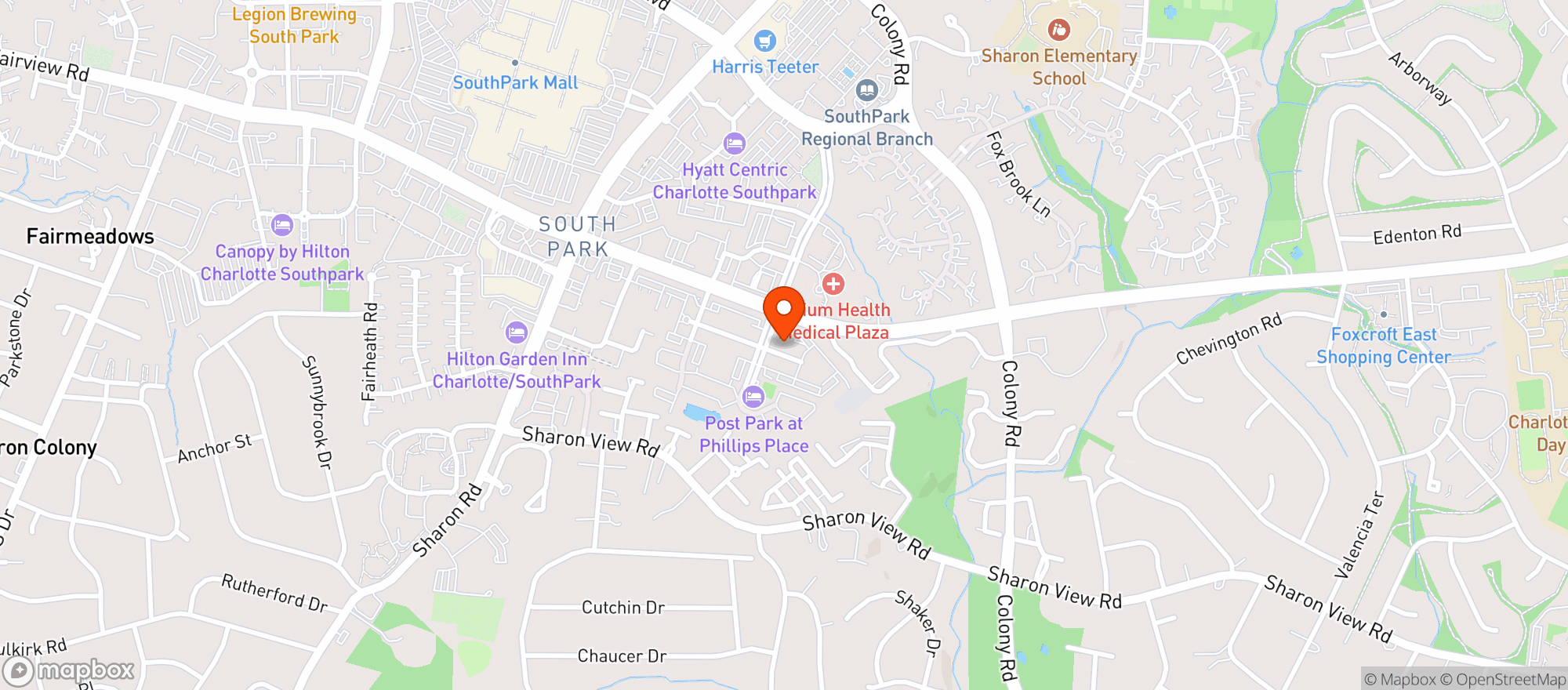 Map showing The Rooftop Restaurant at RH Charlotte