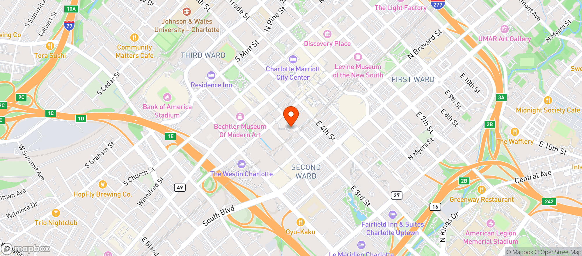 Map showing Hilton Charlotte Center City