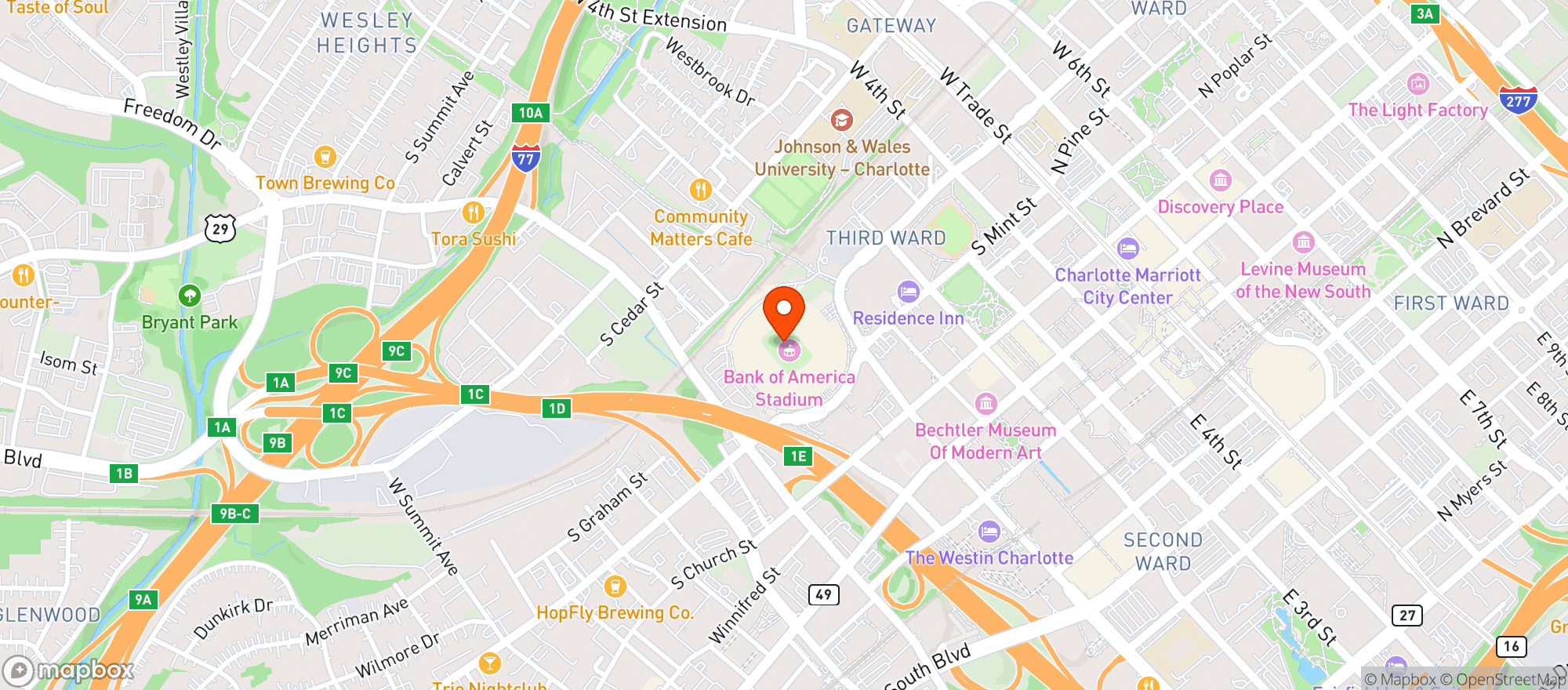 Map showing Levy Bank Of America Stadium