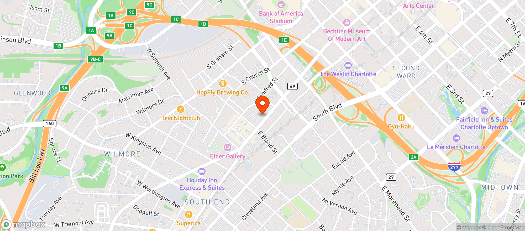Map showing Charlotte Beer Garden