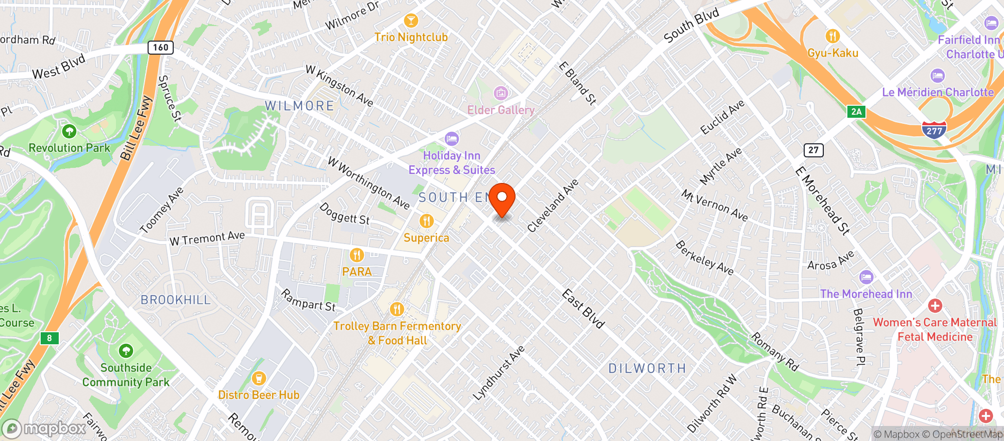 Map showing Market Express #7386 - East Blvd