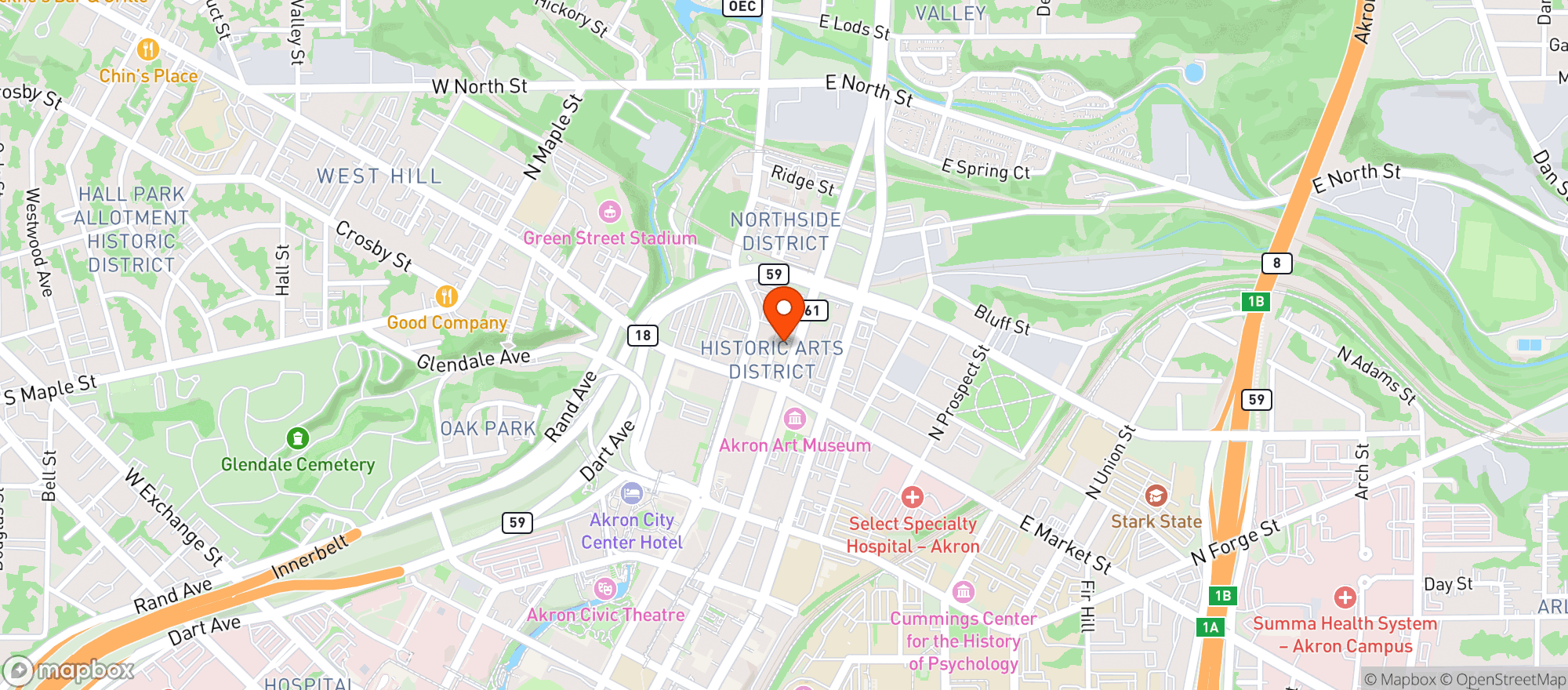 Map showing Akron Coffee Roasters