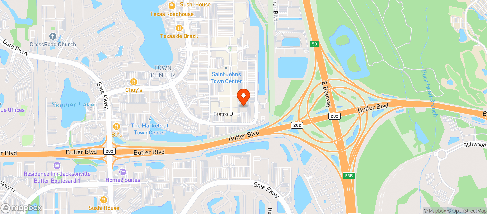 Map showing The Rooftop Restaurant at RH Jacksonville