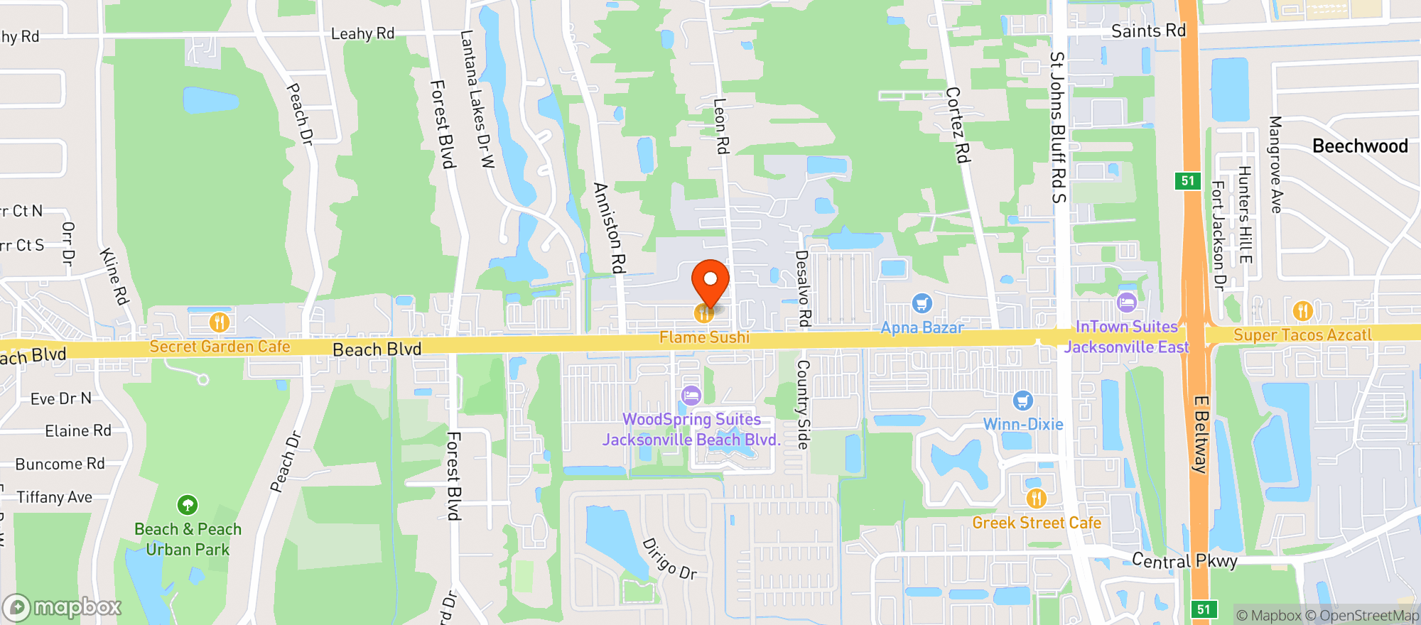 Map showing King Food Mart (beach Blvd)