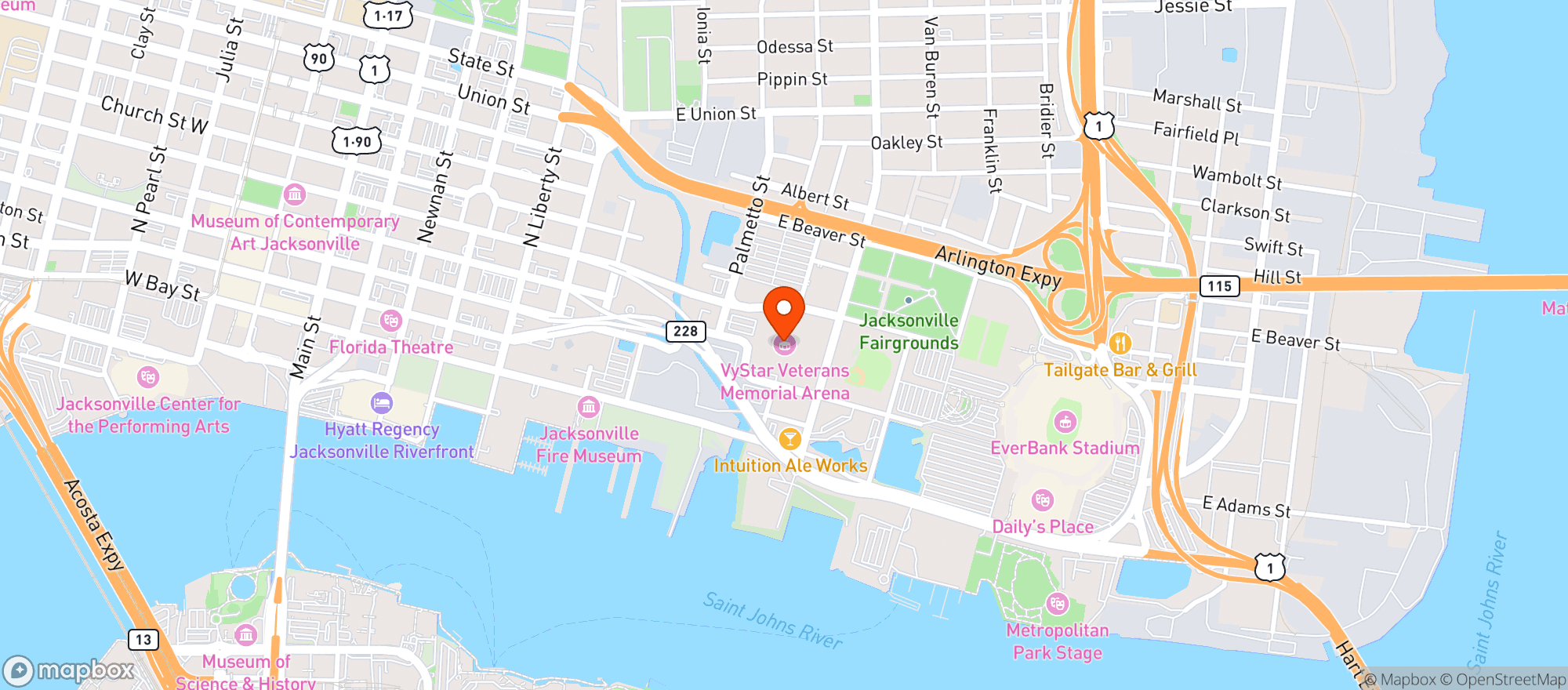 Map showing Vystar Veterans Mem Arena