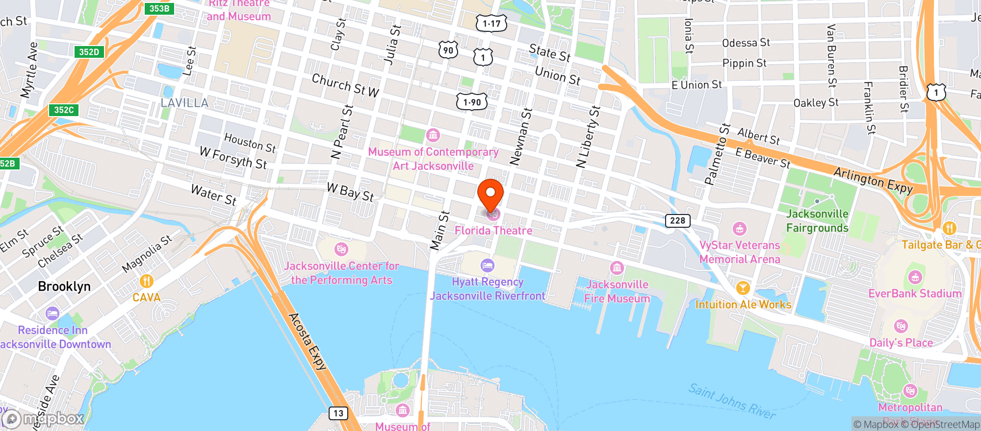 Map showing Florida Theatre Performing Arts Cen